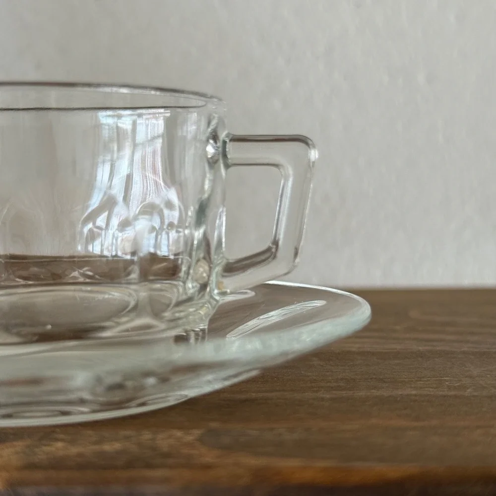 7pc Vintage Arcoroc Petale Clear Glass Tea Cup & Saucer France Set of 3 + 1 Free